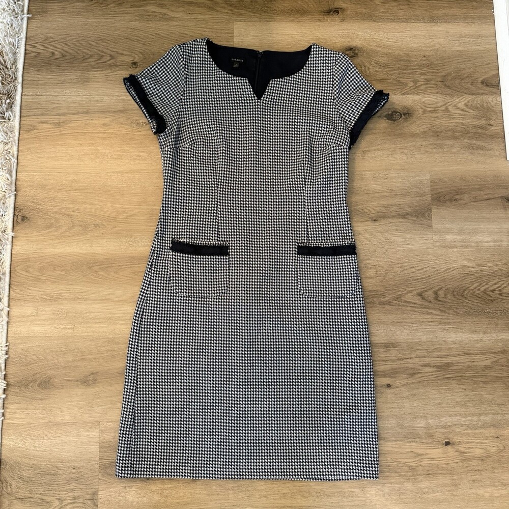 Talbots Houndstooth Sheath Dress Size 6 Navy Trim Pockets - Picture 8 of 13